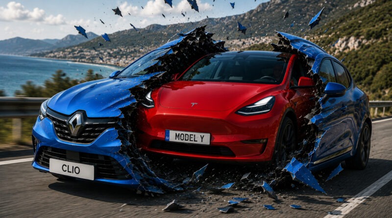Ferrari red colored Tesla breaking through blue colored Twingo